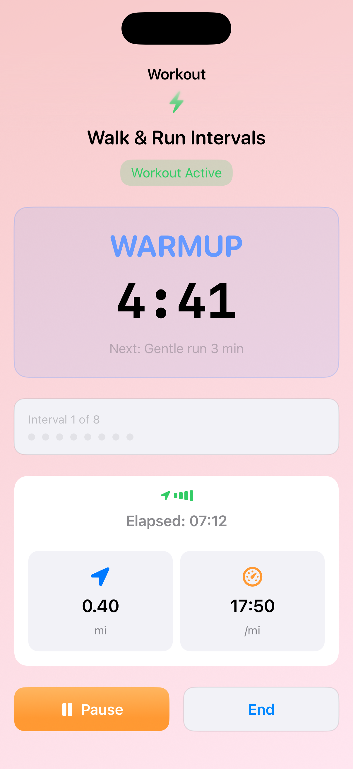 FinishStrong active workout screen for C25K intervals
